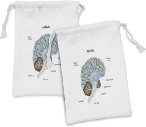 Ambesonne Autism Fabric Pouch Set of 2, Graphical Interpretation of the Human Brain with All Parts Specified Lettering, Small Drawstring Bag for Toiletries Masks and Favors, 9" x 6", Multicolor