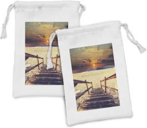 Ambesonne Beach Fabric Pouch Set of 2, Stairs Lead to the Beach with Dramatic Horizon Scenery Magic Skyline Solitude Print, Small Drawstring Bag for Toiletries Masks and Favors, 9" x 6", Orange Cream