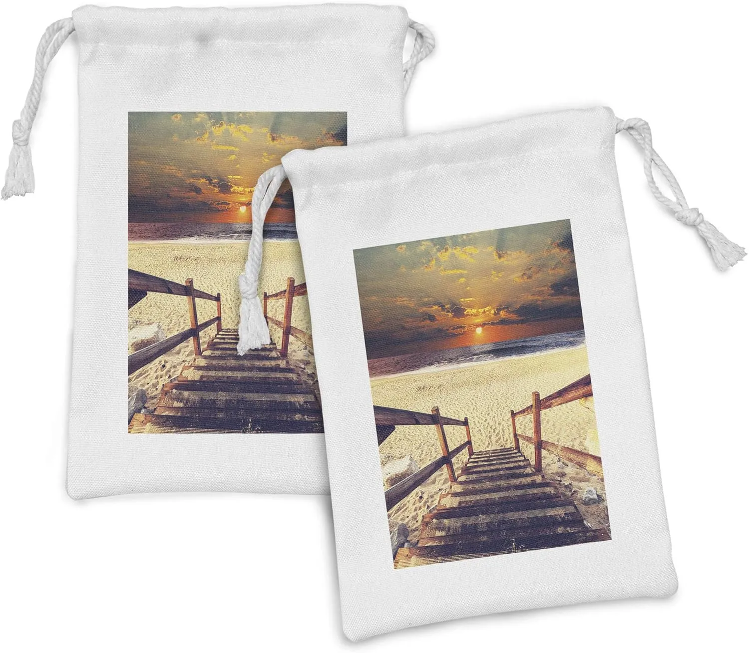 Ambesonne Beach Fabric Pouch Set of 2, Stairs Lead to the Beach with Dramatic Horizon Scenery Magic Skyline Solitude Print, Small Drawstring Bag for Toiletries Masks and Favors, 9" x 6", Orange Cream