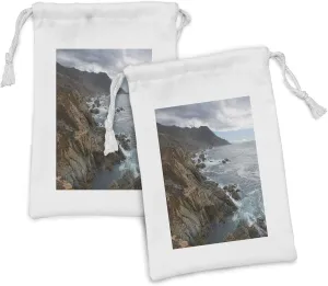 Ambesonne Big Sur Fabric Pouch Set of 2, Overcast Sky Along the Central Coast Rocky Cliffs and Rough Ocean, Small Drawstring Bag for Toiletries Masks and Favors, 9" x 6", Cocoa and Pale Blue Grey