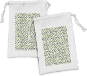 Ambesonne Botanical Fabric Pouch Set of 2, Culinary Herb Parsley Basil Vegetarian Diet Arugula Oregano Greens, Small Drawstring Bag for Toiletries Masks and Favors, 9" x 6", Olive Green Purple White