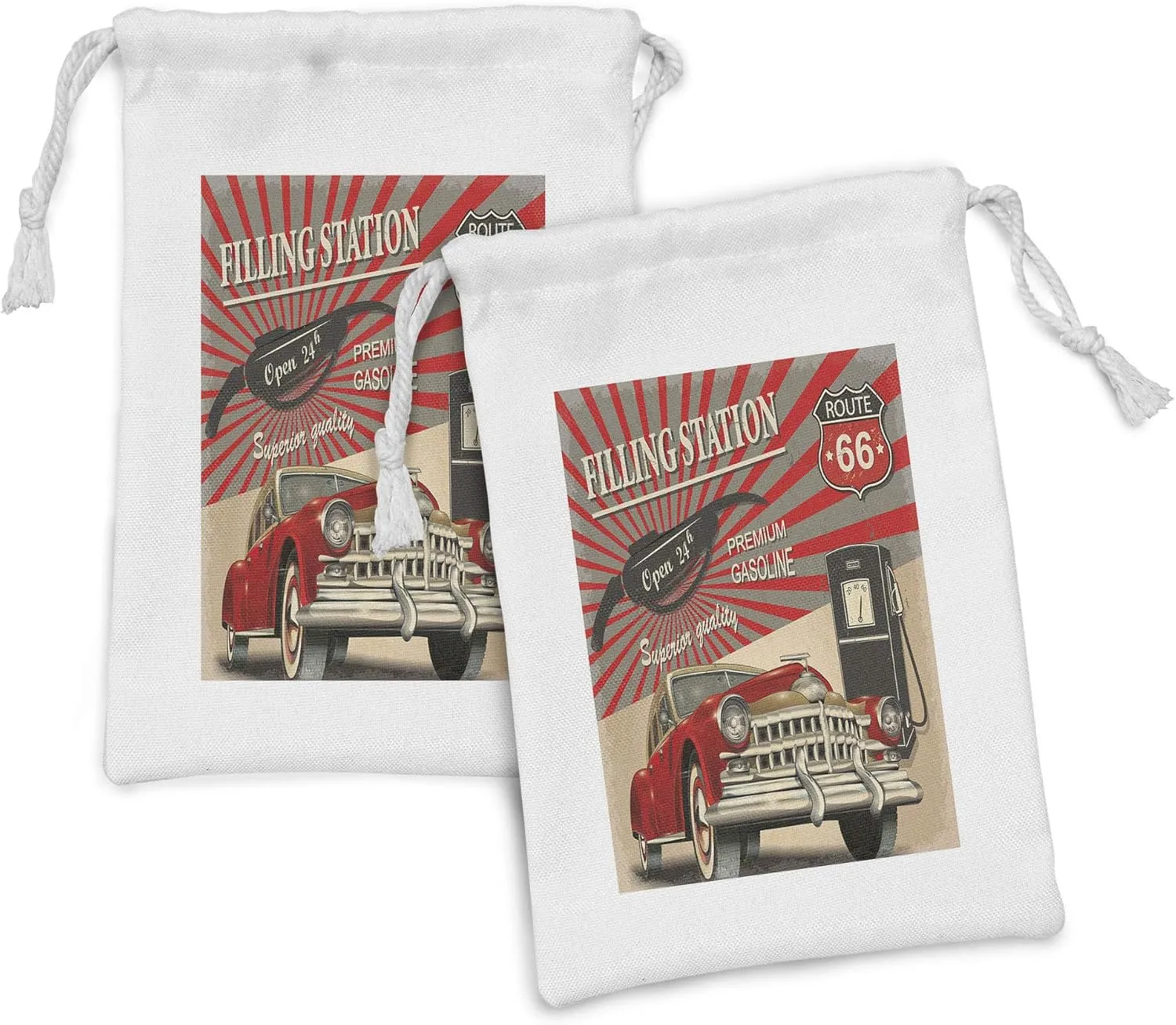 Ambesonne Cars Fabric Pouch Set of 2, Poster Style Image Gasoline Station Commercial Element Route 66 IllustrationPrint, Small Drawstring Bag for Toiletries Masks and Favors, 9" x 6", Vermilion Beige