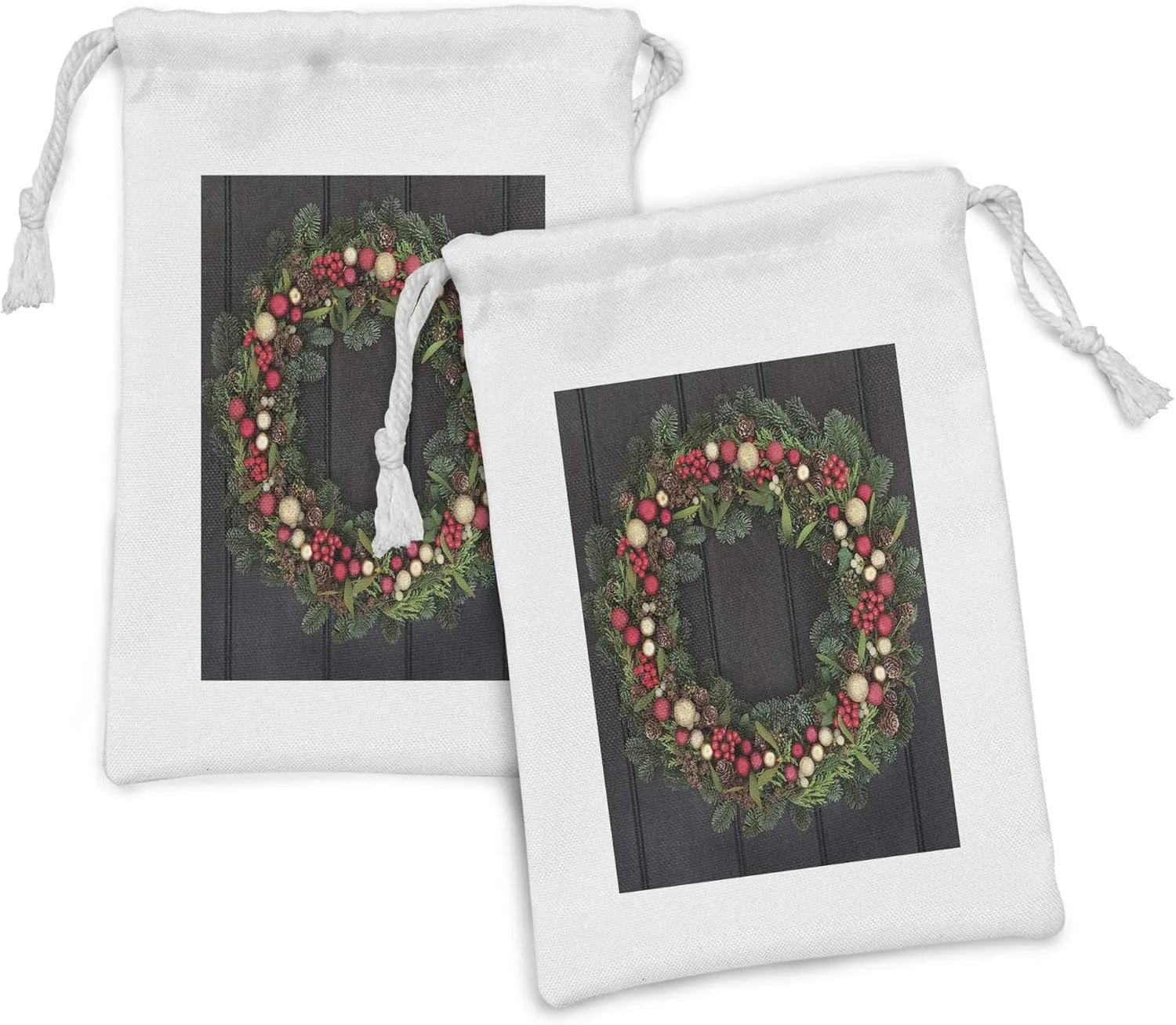 Ambesonne Christmas Fabric Pouch Set of 2, Christmas Wreath Design with Little Baubles Mistletoe Spruce Fir Dark Oak Image, Small Drawstring Bag for Toiletries Masks and Favors, 9" x 6", Multicolor