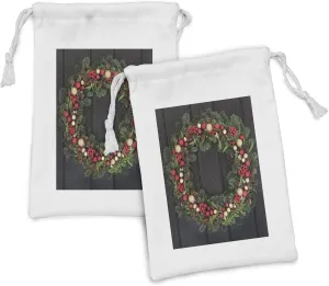 Ambesonne Christmas Fabric Pouch Set of 2, Christmas Wreath Design with Little Baubles Mistletoe Spruce Fir Dark Oak Image, Small Drawstring Bag for Toiletries Masks and Favors, 9" x 6", Multicolor