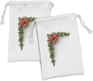 Ambesonne Christmas Fabric Pouch Set of 2, Coniferous Tree Ornament with Customary Bells and Baubles Hanging Xmas Corner, Small Drawstring Bag for Toiletries Masks and Favors, 9" x 6", Multicolor