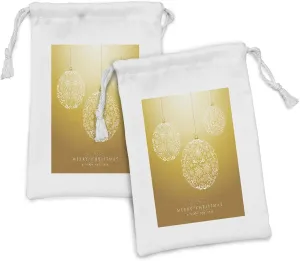 Ambesonne Christmas Fabric Pouch Set of 2, Merry Xmas Round Baubles Hanging in the Air Advent Season Feelings Day Art Print, Small Drawstring Bag for Toiletries Masks and Favors, 9" x 6", Mustard