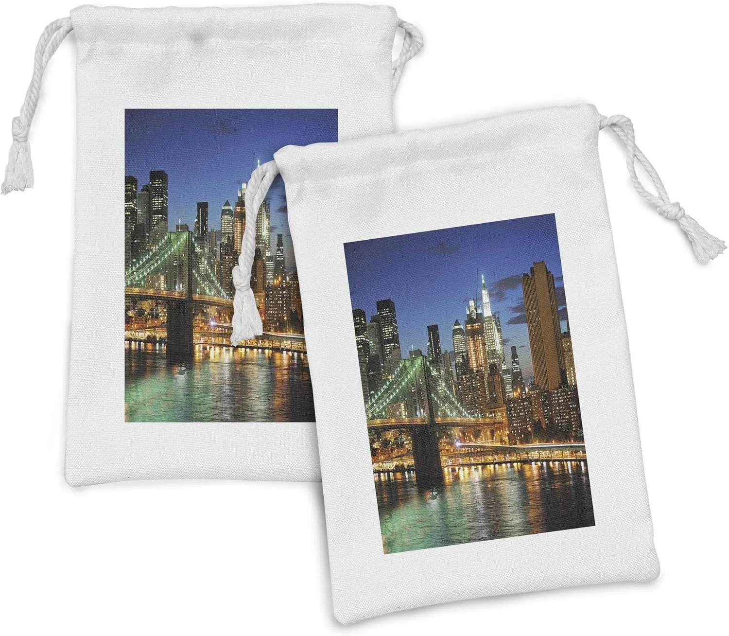 Ambesonne City Fabric Pouch Set of 2, New York at Night with Brooklyn Bridge Skyscrapers Famous Metropolis Manhattan USA, Small Drawstring Bag for Toiletries Masks and Favors, 9" x 6", Multicolor
