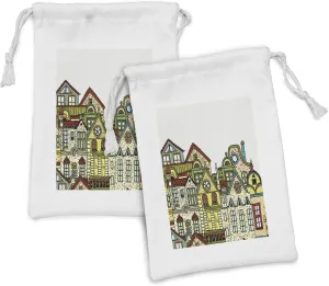 Ambesonne Cityscape Fabric Pouch Set of 2, Old Town Retro Art with Colorful Apartments Building Windows Balconies Chimneys, Small Drawstring Bag for Toiletries Masks and Favors, 9" x 6", Green Beige