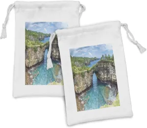 Ambesonne Colorful Fabric Pouch Set of 2, Landscape Image of Rocky Coastline at Nusa Penida Indonesia Malay Archipelago, Small Drawstring Bag for Toiletries Masks and Favors, 9" x 6", Multicolor