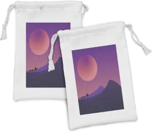 Ambesonne Desert Fabric Pouch Set of 2, Drought Nighttime Landscape with a Camel Caravan Passing, Small Drawstring Bag for Toiletries Masks and Favors, 9" x 6", Quartz Coral