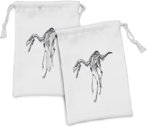 Ambesonne Dinosaur Fabric Pouch Set of 2, Skeleton Prehistoric Wild Animal Raptor Predator Bones Extinct Species Archeology, Small Drawstring Bag for Toiletries Masks and Favors, 9" x 6", Black White