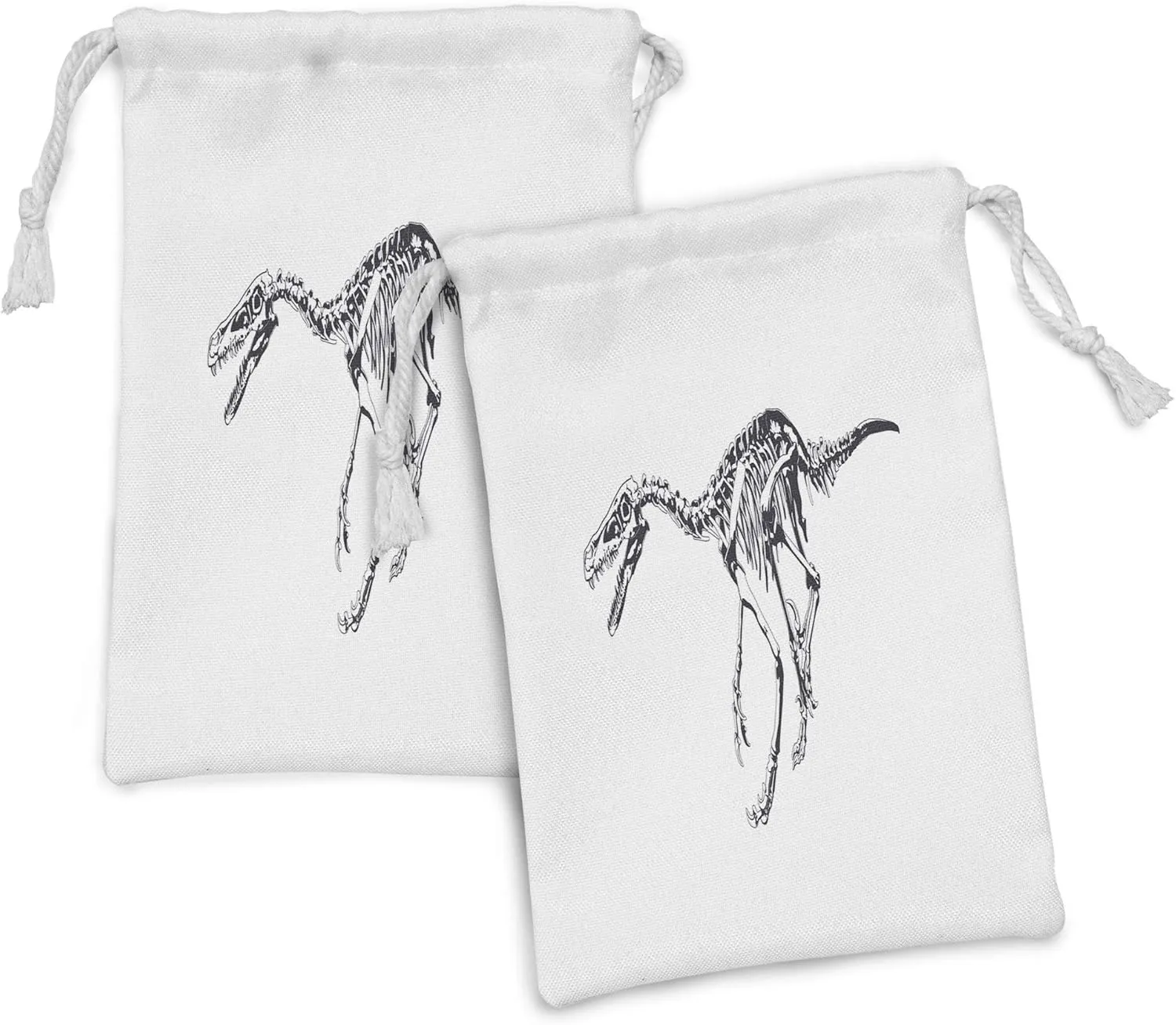 Ambesonne Dinosaur Fabric Pouch Set of 2, Skeleton Prehistoric Wild Animal Raptor Predator Bones Extinct Species Archeology, Small Drawstring Bag for Toiletries Masks and Favors, 9" x 6", Black White