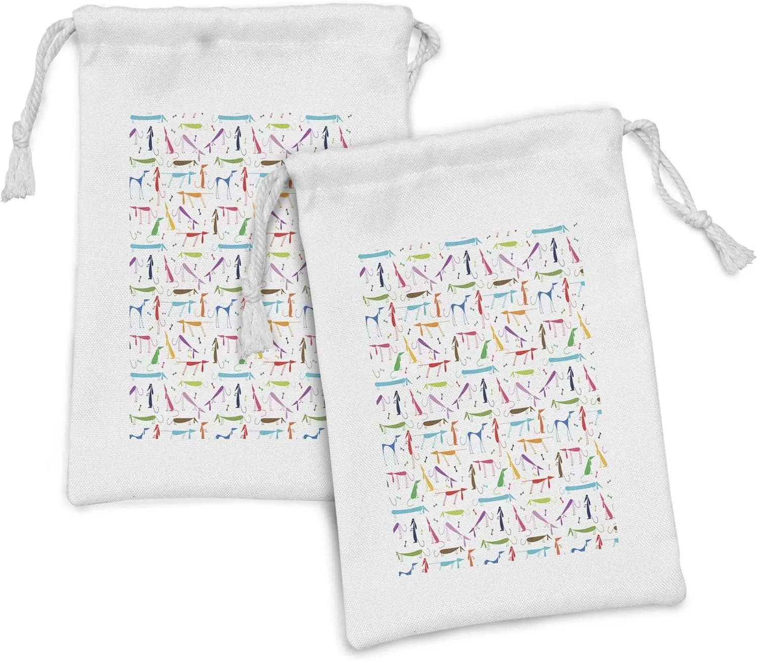 Ambesonne Dog Lover Fabric Pouch Set of 2, Dachshund Cartoon Doodles with Various Stances Pointing Smelling Running Standing, Small Drawstring Bag for Toiletries Masks and Favors, 9" x 6", Multicolor