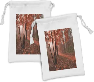 Ambesonne Fall Fabric Pouch Set of 2, Misty Forest with Leaves from Deciduous Seasonal Trees Warm to Cold Featured Image, Small Drawstring Bag for Toiletries Masks and Favors, 9" x 6", Brown Orange