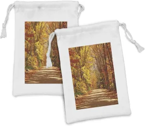 Ambesonne Fall Fabric Pouch Set of 2, Scenic View Outdoors Empty Roadway Surrounded with Deciduous Trees Image, Small Drawstring Bag for Toiletries Masks and Favors, 9" x 6", Redwood Yellow Orange