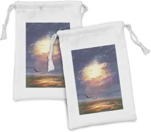 Ambesonne Fantasy Fabric Pouch Set of 2, Golden Yellow Beams Break Through Storm Clouds Skyline Flying Gulls Nature Imagery, Small Drawstring Bag for Toiletries Masks and Favors, 9" x 6", Blue Orange