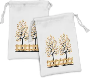 Ambesonne Farmland Fabric Pouch Set of 2, Border with Shady Deciduous Autumn Trees Growth Leaf Seasonal Background Art, Small Drawstring Bag for Toiletries Masks and Favors, 9" x 6", Orange Black