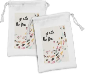 Ambesonne Feather Fabric Pouch Set of 2, Go with the Flow Inspirational Words with Colorful Bohemian Quills Aztec Elements, Small Drawstring Bag for Toiletries Masks and Favors, 9" x 6", Multicolor