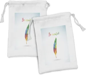 Ambesonne Feather Fabric Pouch Set of 2, Rainbow Colored Quill and Be Creative Words Writing Creation Image, Small Drawstring Bag for Toiletries Masks and Favors, 9" x 6", Multicolor
