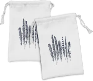 Ambesonne Feather Fabric Pouch Set of 2, Sketch Style Arrangement of Feathers Monochrome Wild Bird Quills Pattern, Small Drawstring Bag for Toiletries Masks and Favors, 9" x 6", Dark Blue and White