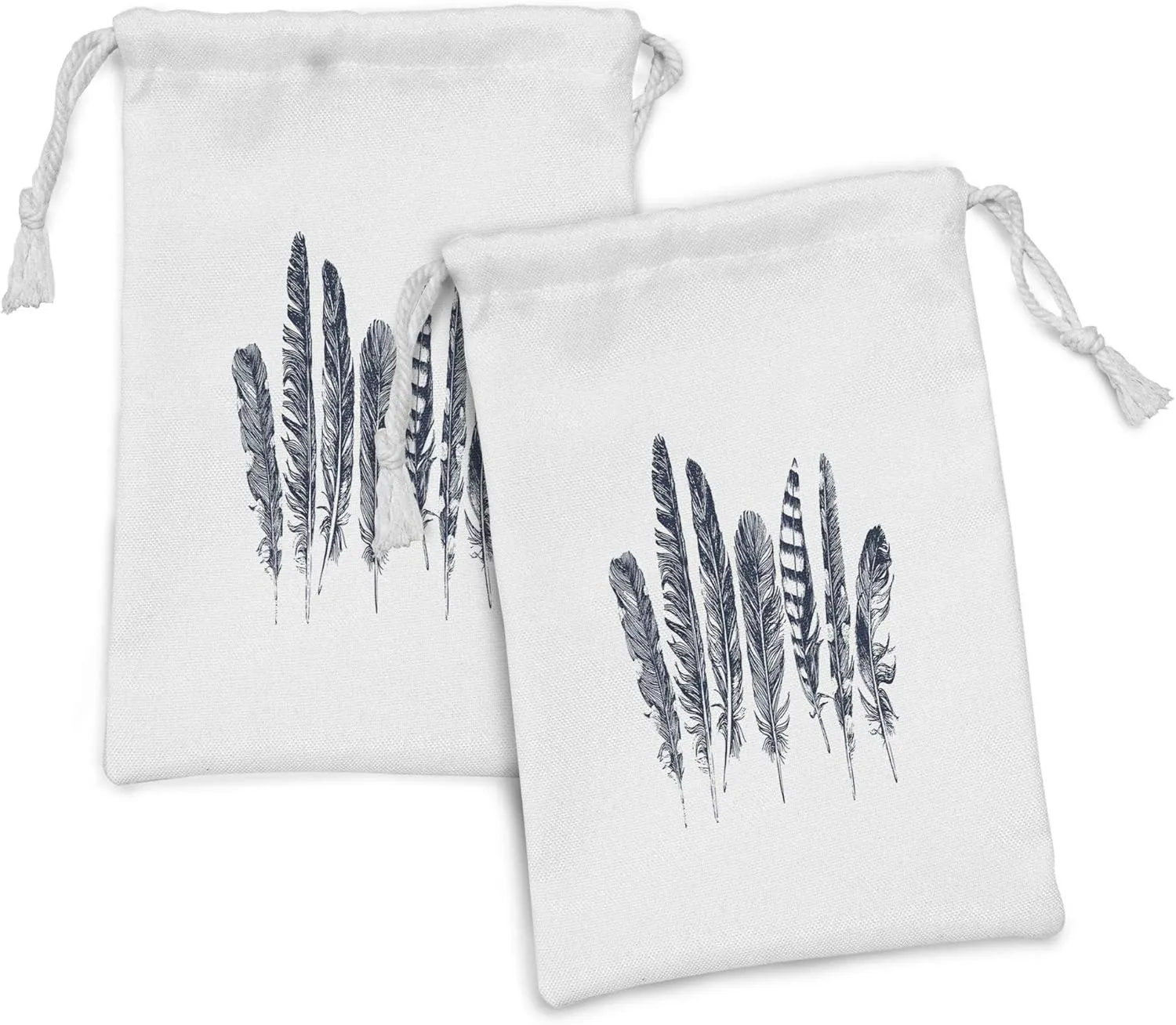 Ambesonne Feather Fabric Pouch Set of 2, Sketch Style Arrangement of Feathers Monochrome Wild Bird Quills Pattern, Small Drawstring Bag for Toiletries Masks and Favors, 9" x 6", Dark Blue and White