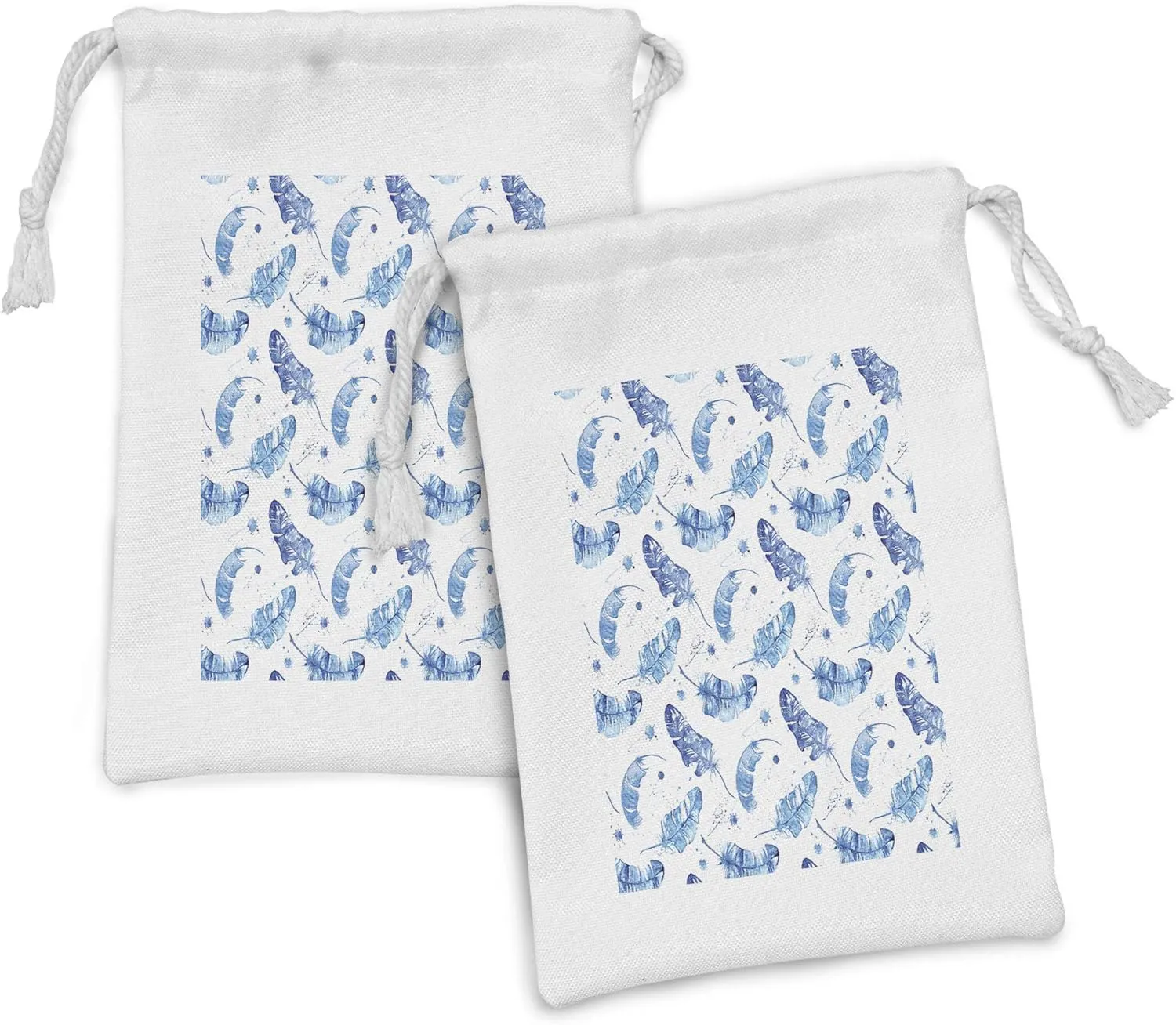 Ambesonne Feather Fabric Pouch Set of 2, Watercolor Quill Design with Splashes and Stains Brush Strokes Effect, Small Drawstring Bag for Toiletries Masks and Favors, 9" x 6", Pale Blue and White