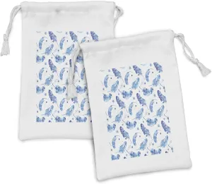 Ambesonne Feather Fabric Pouch Set of 2, Watercolor Quill Design with Splashes and Stains Brush Strokes Effect, Small Drawstring Bag for Toiletries Masks and Favors, 9" x 6", Pale Blue and White