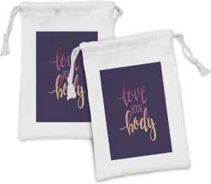 Ambesonne Fitness Fabric Pouch Set of 2, Love Your Body Hand Drawn Typography Inspirational Positive Attitude, Small Drawstring Bag for Toiletries Masks and Favors, 9" x 6", Dark Purple Pink Peach