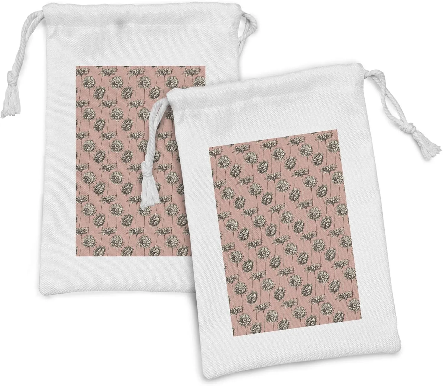 Ambesonne Floral Fabric Pouch Set of 2, Dramatic Gerbera Flower Sketch Illustration on Soft Pink Background, Small Drawstring Bag for Toiletries Masks and Favors, 9" x 6", Dark Brown Blush