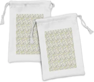 Ambesonne Flower Fabric Pouch Set of 2, Romantic Flowers and Leaves Soft Tone Background Print, Small Drawstring Bag for Toiletries Masks and Favors, 9" x 6", Yellow Green Eggshell