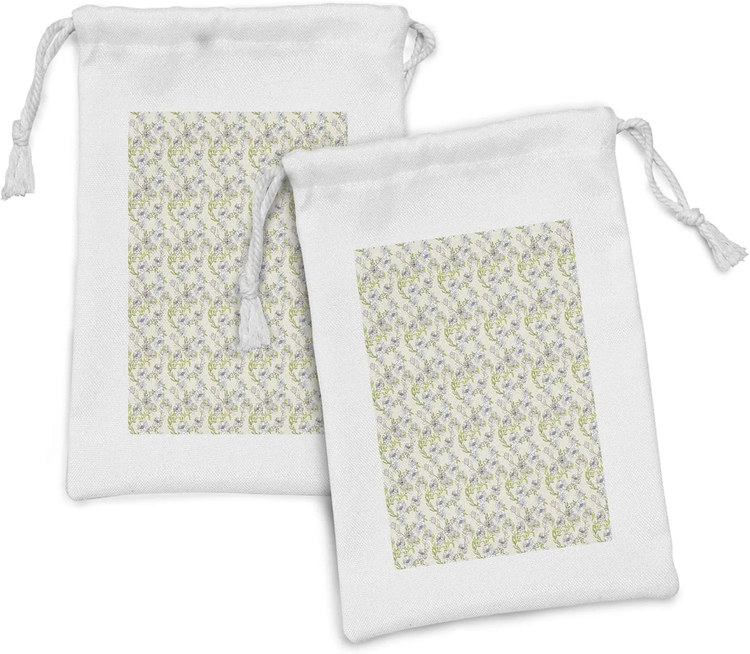 Ambesonne Flower Fabric Pouch Set of 2, Romantic Flowers and Leaves Soft Tone Background Print, Small Drawstring Bag for Toiletries Masks and Favors, 9" x 6", Yellow Green Eggshell