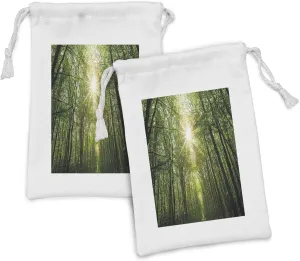 Ambesonne Forest Fabric Pouch Set of 2, Summer Trees Upward View with Sunrays Leaking from Branches Nature Image, Small Drawstring Bag for Toiletries Masks and Favors, 9" x 6", Fern Green Yellow