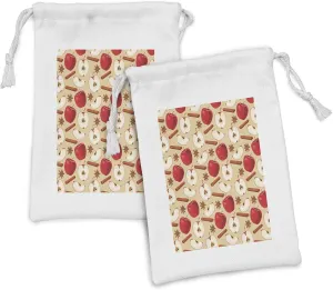 Ambesonne Fruits Fabric Pouch Set of 2, Quartered and Halved Apples with Cinnamon Sticks and Star Anise Diet Recipe, Small Drawstring Bag for Toiletries Masks and Favors, 9" x 6", Beige Cinnamon Red