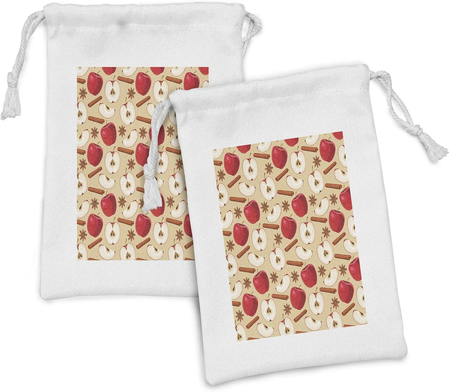 Ambesonne Fruits Fabric Pouch Set of 2, Quartered and Halved Apples with Cinnamon Sticks and Star Anise Diet Recipe, Small Drawstring Bag for Toiletries Masks and Favors, 9" x 6", Beige Cinnamon Red