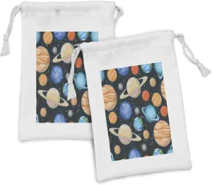 Ambesonne Galaxy Fabric Pouch Set of 2, Galaxy Space Art Solar System Planets Mars Mercury Uranus Jupiter Venus Print, Small Drawstring Bag for Toiletries Masks and Favors, 9" x 6", Multicolor