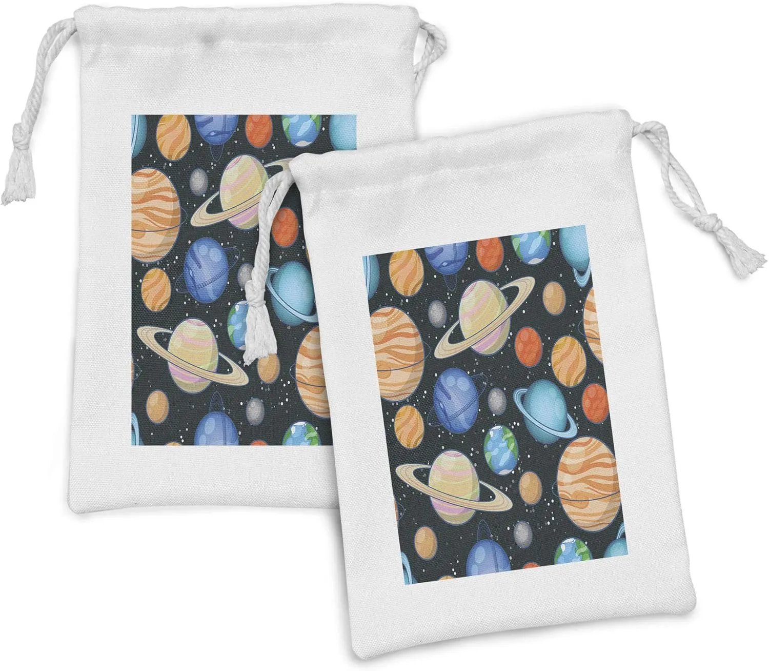 Ambesonne Galaxy Fabric Pouch Set of 2, Galaxy Space Art Solar System Planets Mars Mercury Uranus Jupiter Venus Print, Small Drawstring Bag for Toiletries Masks and Favors, 9" x 6", Multicolor