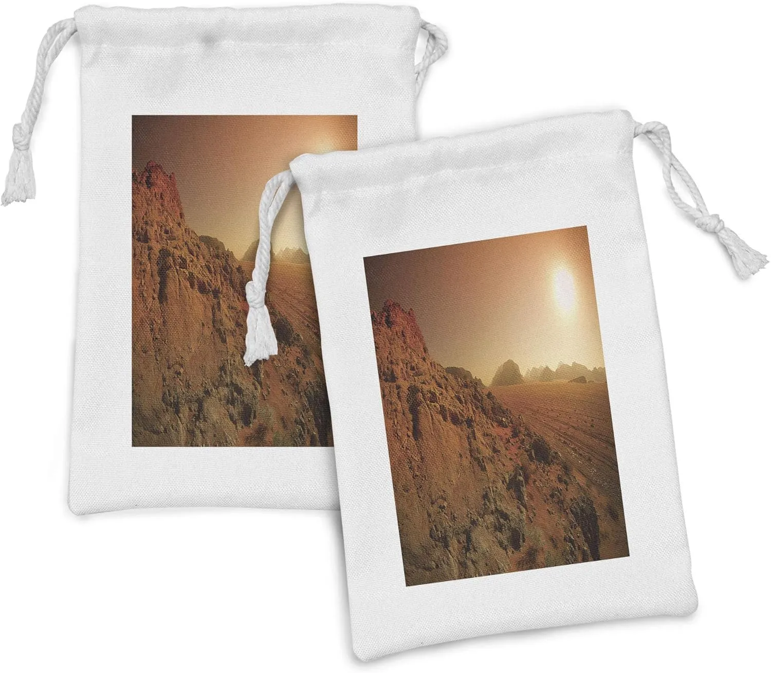Ambesonne Galaxy Fabric Pouch Set of 2, Landscape from the Movie Fictional Galaxy Clash Pattern Sunset Mountains, Small Drawstring Bag for Toiletries Masks and Favors, 9" x 6", Brown Yellow