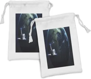Ambesonne Galaxy Fabric Pouch Set of 2, Spaceship Return to Earth Science Fiction World Backdrop Space Craft Travel, Small Drawstring Bag for Toiletries Masks and Favors, 9" x 6", Navy Blue Grey