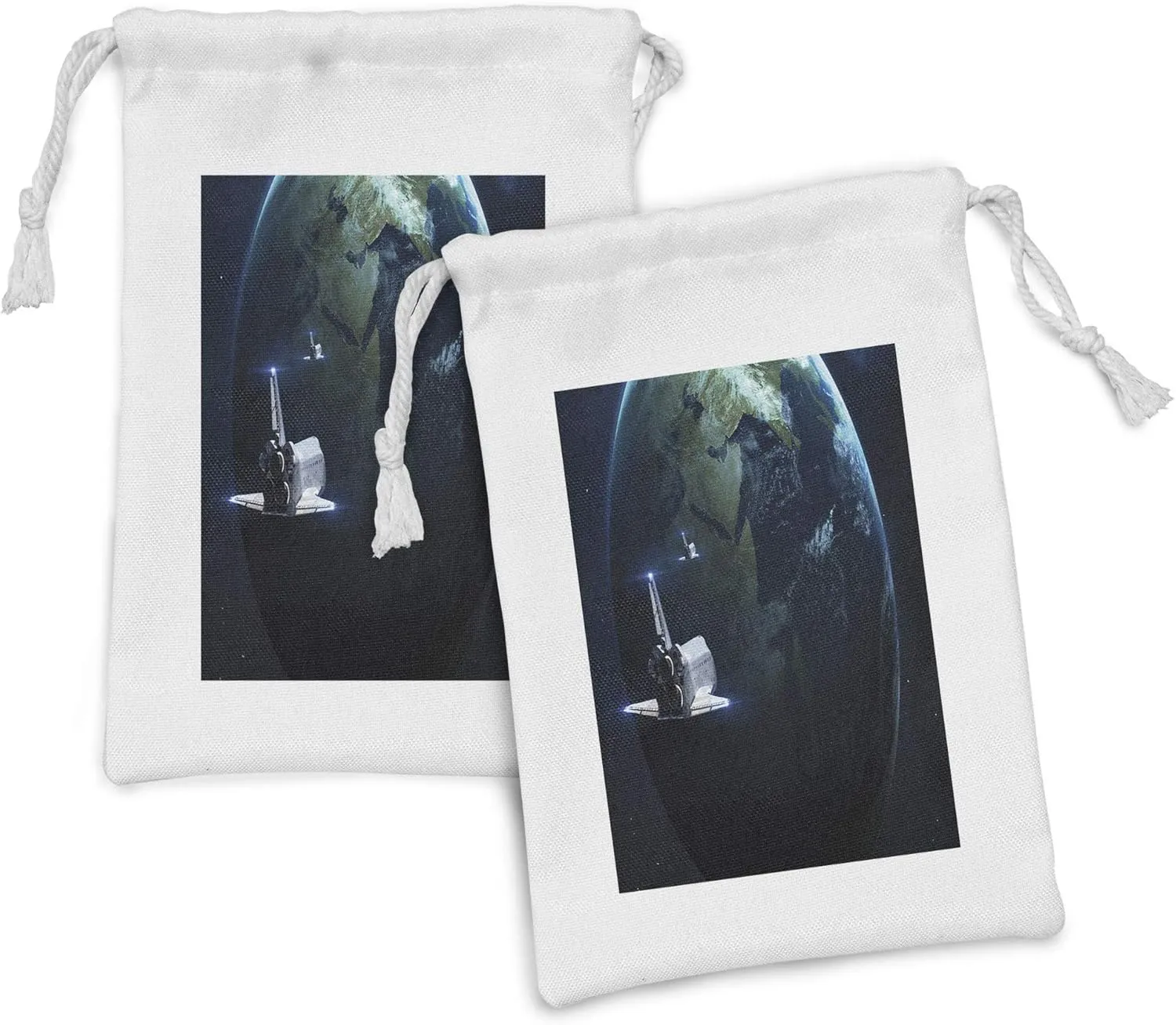 Ambesonne Galaxy Fabric Pouch Set of 2, Spaceship Return to Earth Science Fiction World Backdrop Space Craft Travel, Small Drawstring Bag for Toiletries Masks and Favors, 9" x 6", Navy Blue Grey