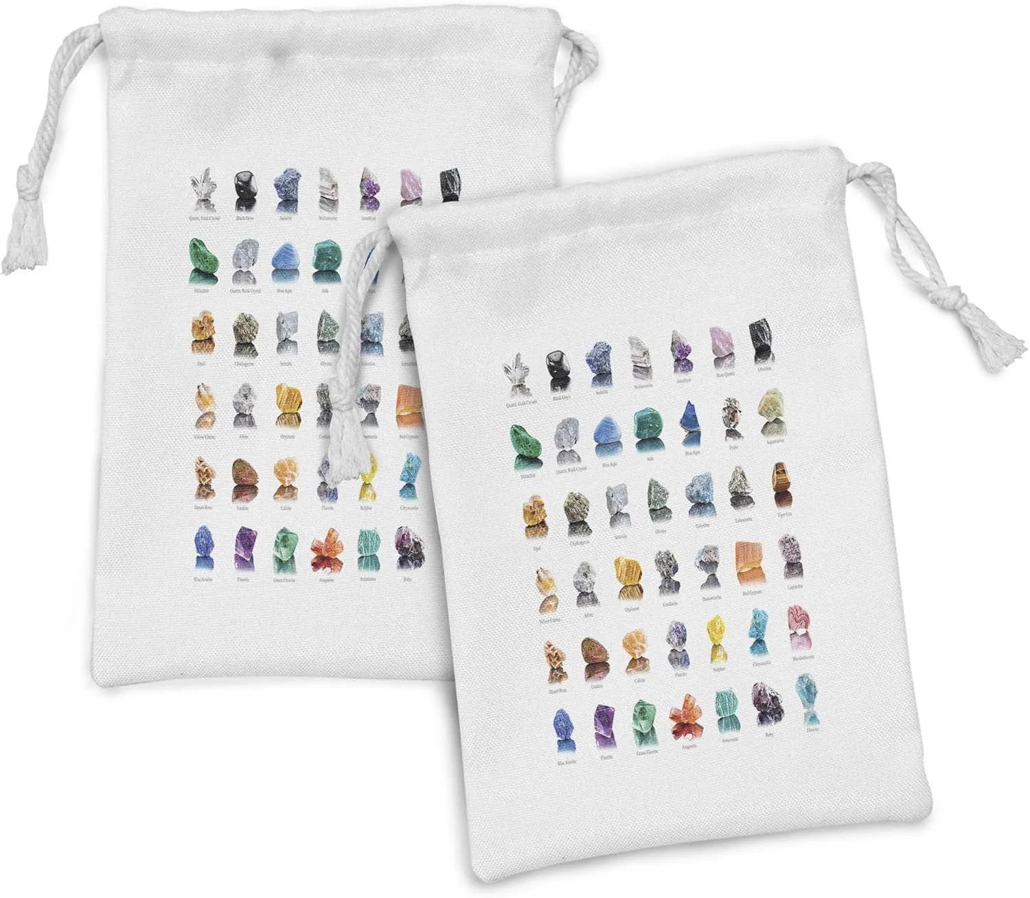 Ambesonne Gemstone Fabric Pouch Set of 2, Composition of Gemstones with Names Tiger Eye Sulphur and Ruby Mineral Geology, Small Drawstring Bag for Toiletries Masks and Favors, 9" x 6", Multicolor