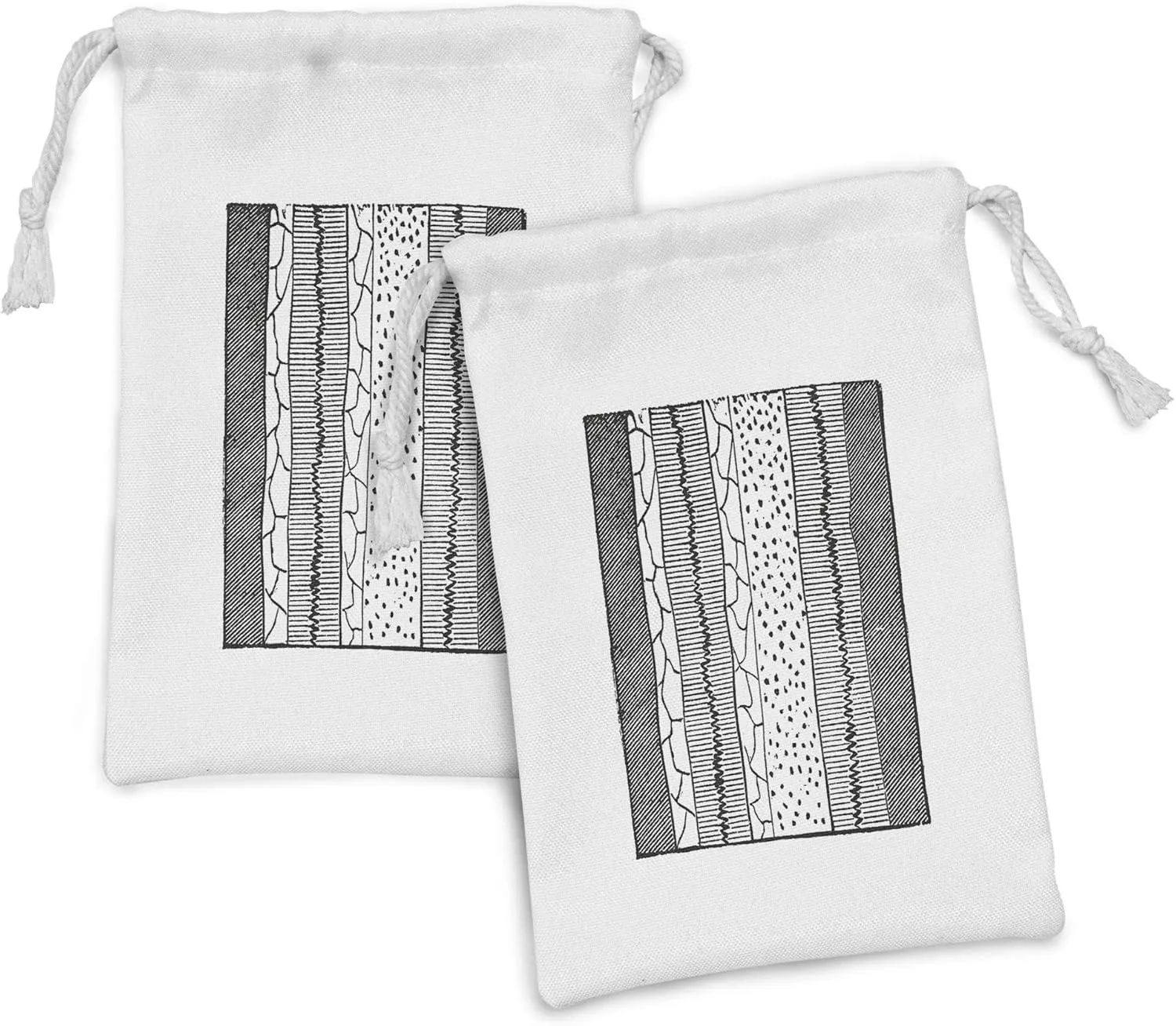 Ambesonne Geology Fabric Pouch Set of 2, Hand Drawn Uneven Lines in Greyscale Composition Themes Rocks, Small Drawstring Bag for Toiletries Masks and Favors, 9" x 6", Grey Dimgrey White