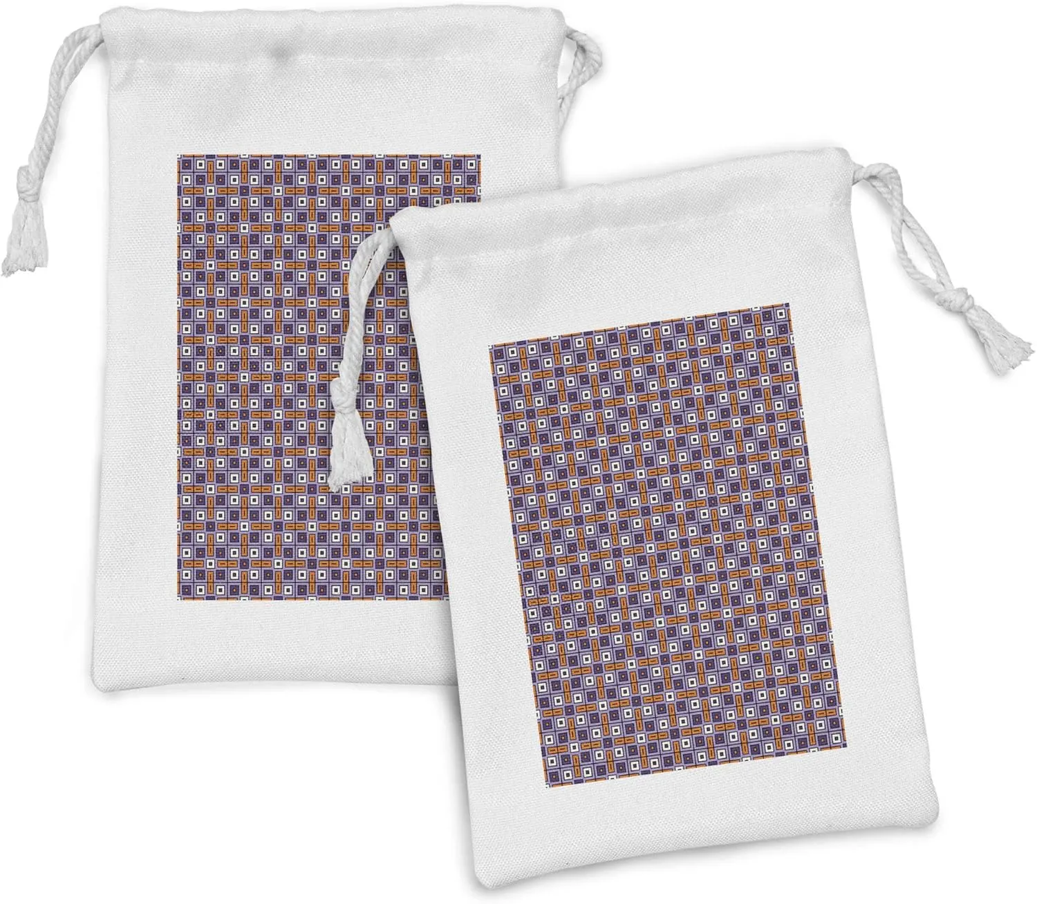Ambesonne Geometric Fabric Pouch Set of 2, Print of Retro Square Motifs 70's Warm Colors Geometrical Illustration, Small Drawstring Bag for Toiletries Masks and Favors, 9" x 6", Quartz and Orange