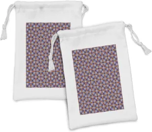Ambesonne Geometric Fabric Pouch Set of 2, Print of Retro Square Motifs 70's Warm Colors Geometrical Illustration, Small Drawstring Bag for Toiletries Masks and Favors, 9" x 6", Quartz and Orange