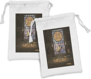 Ambesonne Gothic Fabric Pouch Set of 2, Lectern on Pentagram Medieval Architecture Candlelight in Dark Altar, Small Drawstring Bag for Toiletries Masks and Favors, 9" x 6", Olive Green Mustard