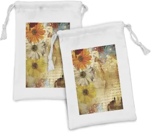 Ambesonne Grunge Fabric Pouch Set of 2, Flowers Lettering Poetry Orange Yellow Daisy Art Paint Splashes Graphic Print, Small Drawstring Bag for Toiletries Masks and Favors, 9" x 6", Multicolor