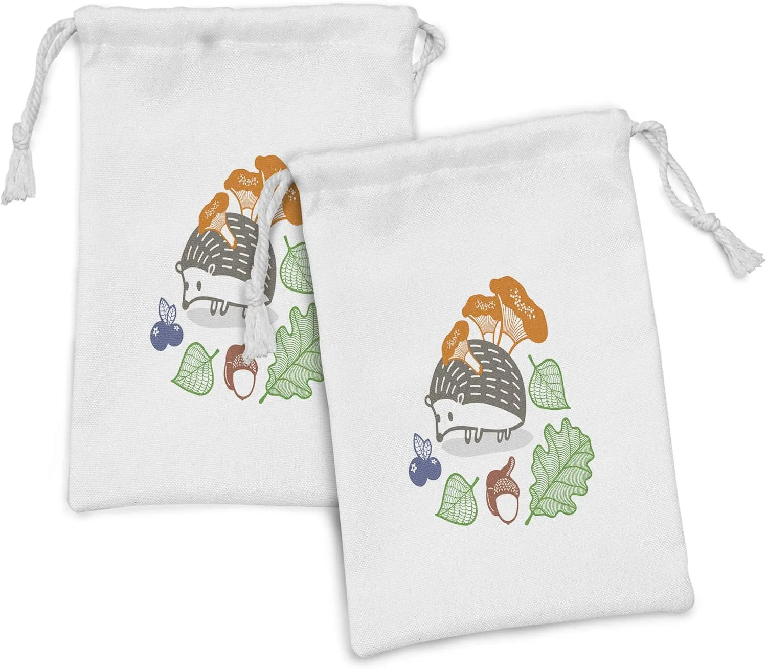 Ambesonne Hedgehog Fabric Pouch Set of 2, Colorful Hedgehog with Various Edible Items Mushrooms Nuts and Leaves Animal Diet, Small Drawstring Bag for Toiletries Masks and Favors, 9" x 6", Multicolor