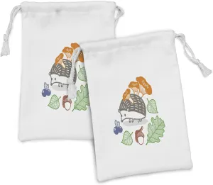 Ambesonne Hedgehog Fabric Pouch Set of 2, Colorful Hedgehog with Various Edible Items Mushrooms Nuts and Leaves Animal Diet, Small Drawstring Bag for Toiletries Masks and Favors, 9" x 6", Multicolor