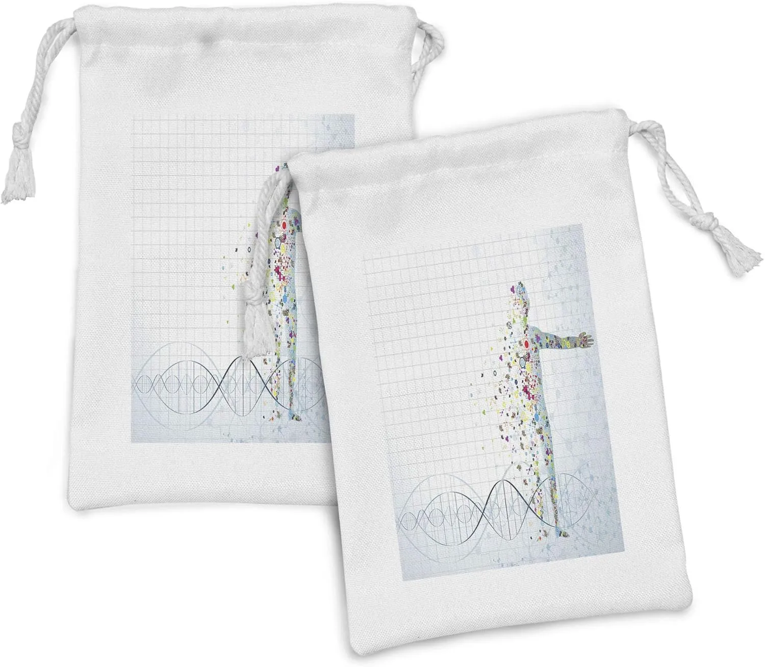 Ambesonne Human Anatomy Fabric Pouch Set of 2, Digital Psychedelic Molecule Body of Human DNA Genetic Helix Life Art Design, Small Drawstring Bag for Toiletries Masks and Favors, 9" x 6", Pale Blue