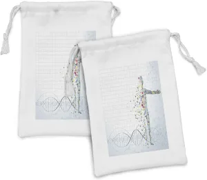 Ambesonne Human Anatomy Fabric Pouch Set of 2, Digital Psychedelic Molecule Body of Human DNA Genetic Helix Life Art Design, Small Drawstring Bag for Toiletries Masks and Favors, 9" x 6", Pale Blue