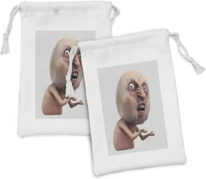 Ambesonne Humor Fabric Pouch Set of 2, Scary Internet Meme with Why You No Expression Angry Trolling Chat Digital Design Print, Small Drawstring Bag for Toiletries Masks and Favors, 9" x 6", Peach